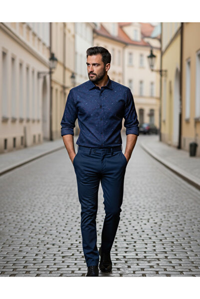 YusGos Long Sleeve Dot Pattern Cotton Easy Iron Regular Fit Men's Shirt