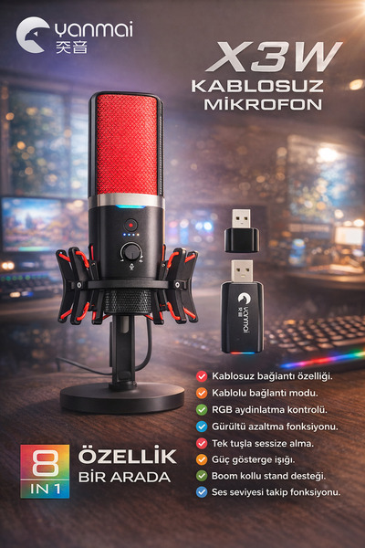 Wair Teknoloji Yanmai X3W Gaming Masaüstü Mikrofon Kablosuz ve Kablolu Kullan...