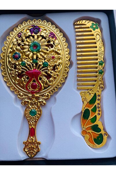 GALATA GIFT Ayna Tarak Seti, Metal-Kutulu-Hediyelik Takım, 13cm Aynalı Saç Fırçası