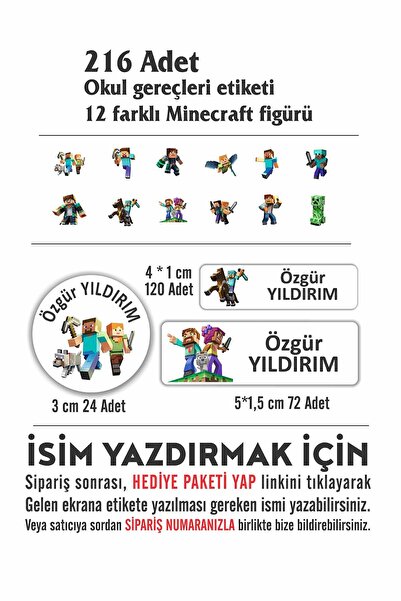 Vice Kişiye Özel Minecraft Temalı Etiket ( 216 Adet Defter Kalem okul etiketi)