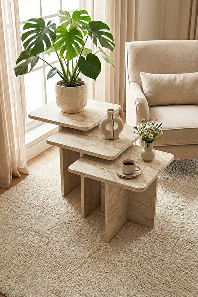 PDMPOİNT DOLAP MARKET Kare Zigon Sehpa Takımı, 3'lü Set, Yan Sehpa - Traverte...