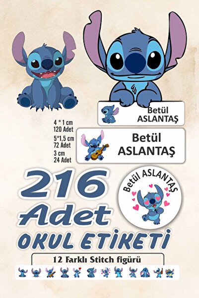 Vice Kişiye Özel Stitch Temalı Sticker ( 216 Adet Defter Kalem okul etiketi)
