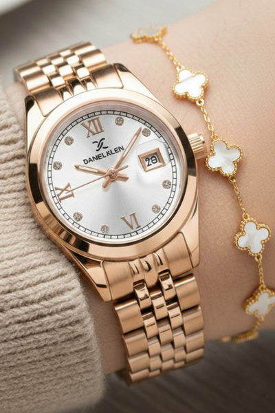 Daniel Klein ساعة يد نسائية ذهبية وردية بأرقام رومانية، ومينا مرصع بالأحجار، مع سوار هدية وتقويم