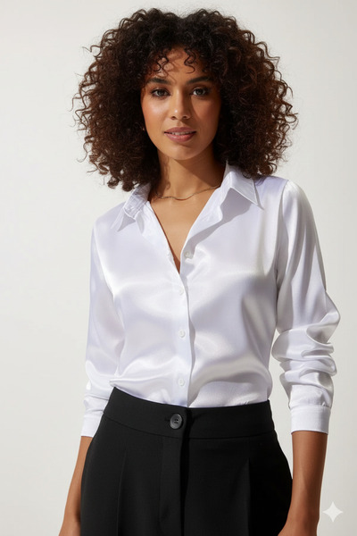 hazelin Kadın Beyaz Hafif Dökümlü Saten Yüzeyli Gömlek HZL22W-BD139641