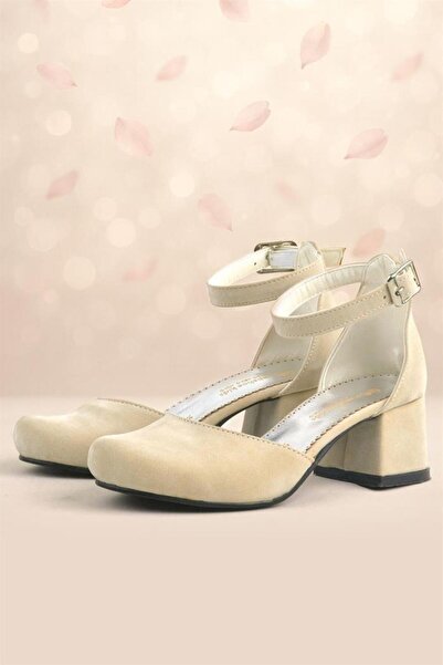 Sarıkaya Παπούτσια για κορίτσια με χοντρό τακούνι Merida Beige Suede