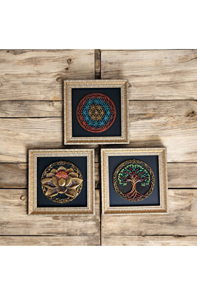 purple dragon Rölyef Tablo Seti, Sanatçıdan El Emeği Yaşam Çiçeği Hayat Ağacı Lotus Çiçeği, 22x22