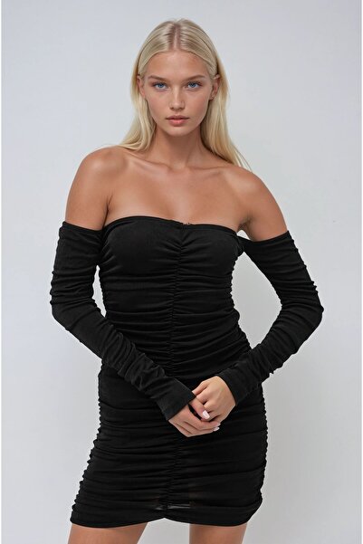 Lijuri Siyah Towel Büzgülü Mini Buzzy Elbise 2655-8
