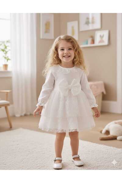Serkon BABY Eteği Kat Kat Yakası Fırfır Dantelli Fiyonklu Beyaz Mevlütlük Beb...