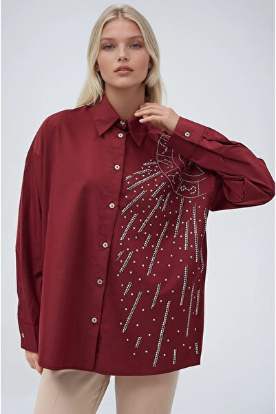 Lijuri Ay Figürlü Taş İşlemeli Poplin Gömlek 3440