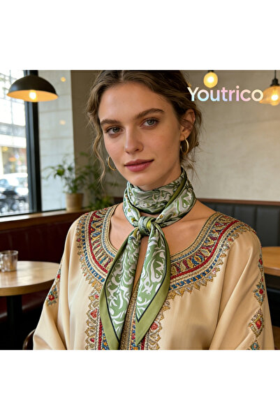 Youtrico وشاح رقبة أخضر طويل وحرير للنساء - بنقشة نباتية، مناسب لجميع الفصول،...