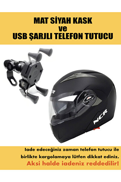 NCR ÇENE AÇILIR KASK MAT SİYAH ve USB ŞARJLI TELEFON TUTUCU