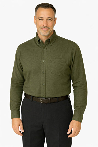 BURSPA Ανδρικό πουκάμισο Dad με χαλαρή εφαρμογή, μονόχρωμο χειμωνιάτικο χακί