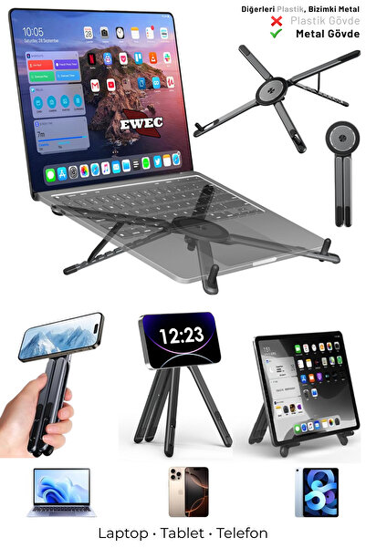 EWEC حامل هاتف مغناطيسي 3 في 1 قابل للتعديل للكمبيوتر المحمول والكمبيوتر اللوحي - هيكل معدني قابل للطي