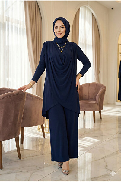 modamira Kadın Lacivert Sandy Önü Dökümlü Degaje Asimetrik Kesim Bol Paça Pan...