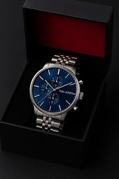 Tom Jones ساعة رجالية فاخرة من الفولاذ باللون الفضي وسوار هدية
