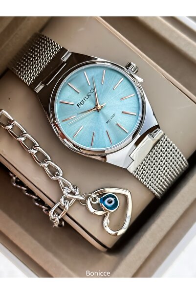 Ferrucci العلامة التجارية الفضة اللون شبكة معدنية الحبل الأبيض الهاتفي حالة صغيرة المرأة ساعة اليد + سوار