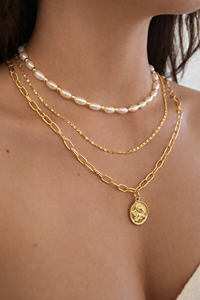 stravis Gold Renk Çoklu Charmlı 3’lü Kolye Seti