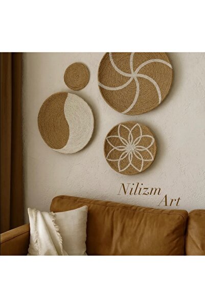 NİLİZM ART Bohem Hasır Halat Ip Duvar Tabağı Beyaz 4 Parça (YAPIŞTIRMA DEĞİLD...
