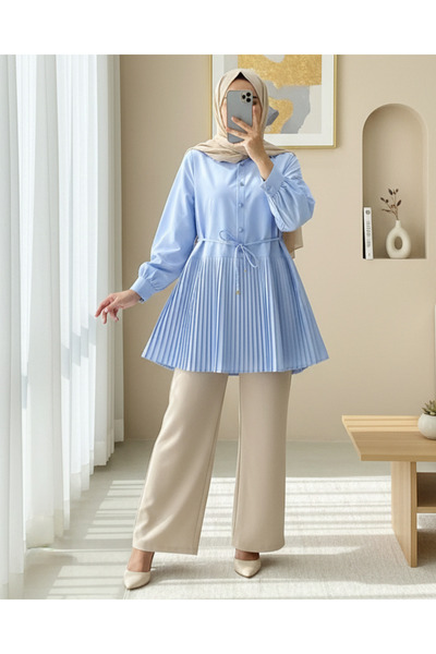 HİJABAYA Yarım Düğmeli Beli Bağlamalı Piliseli Gömlek