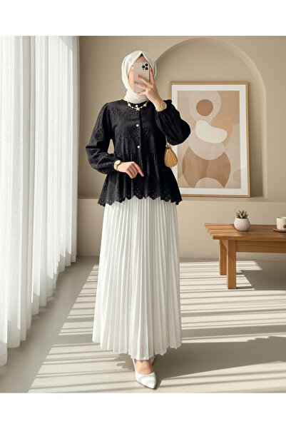 Modamorfo Kolu Lastikli Ajurlu Düğmeli Astarlı Gömlek -Siyah