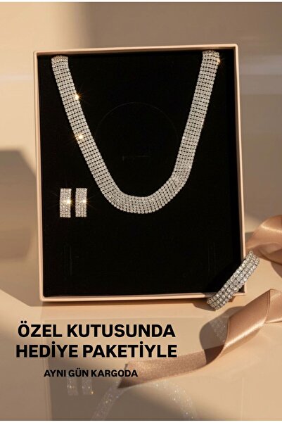 BEREN KILIÇ Agatha Gümüş Kaplama Düğün Takı Seti Kolye Küpe Bileklik Nişan Sö...