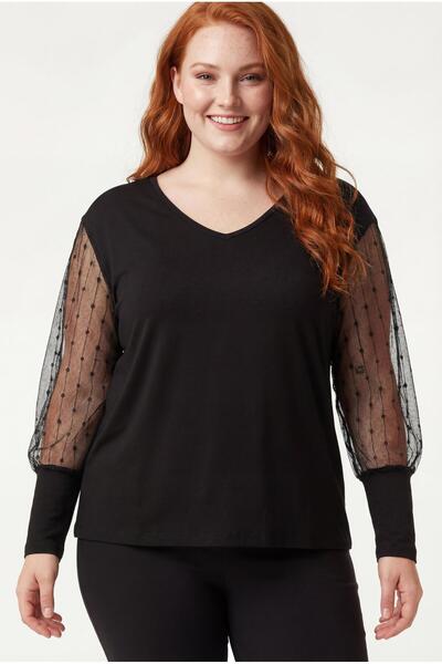 Ebsumu بلوزة نسائية سوداء كبيرة الحجم ذات أكمام مخططة شفافة