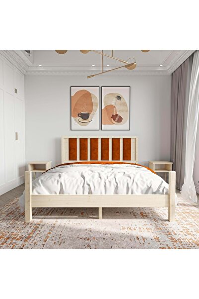 RENAZZO Orion Model Kiremit Renk Puflu Başlıklı Doğal Çam Ahşap Karyola Ve İk...