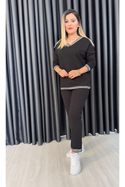 DEMO V yakalı Şeritli Eşofman Takımı 2 iplik kumaş