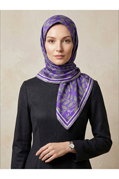 Silk Home Kadın Mor Yeşil Yaprak Çiçekli Sura İpek Eşarp 11397-S40