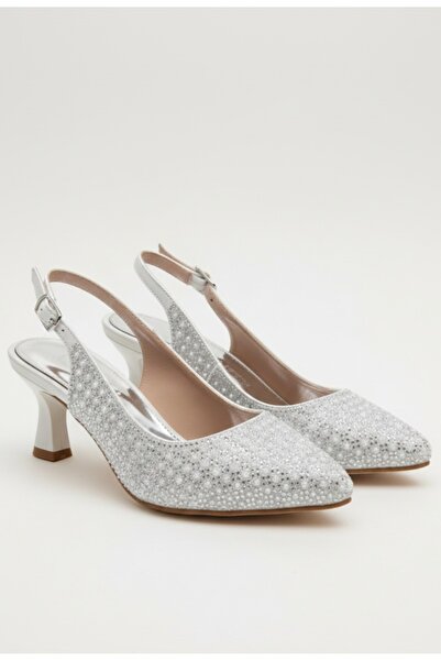 ŞAH حذاء زفاف بكعب منخفض مفتوح من الخلف مرصع باللؤلؤ وحفلات الزفاف والسهرات