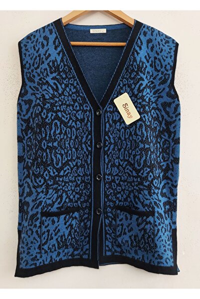 SİNAY TRİKO Women's Leopard Patterned Pocketed Buttoned Side Slit Knitwear Mo...