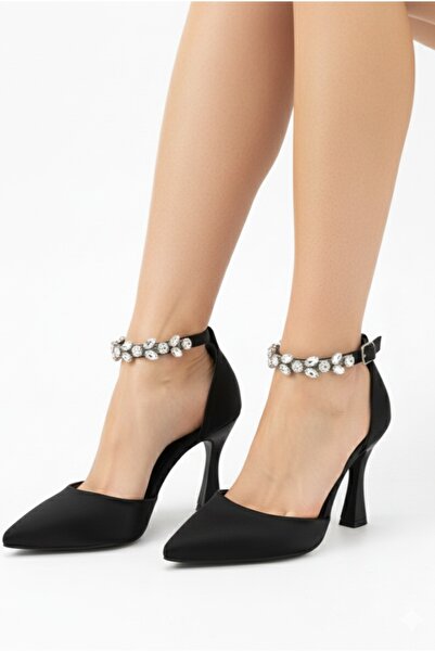 ŞAH Μαύρα σατέν βραδινά παπούτσια με λεπτό τακούνι 9 εκ. και διακοσμητικές πέ...