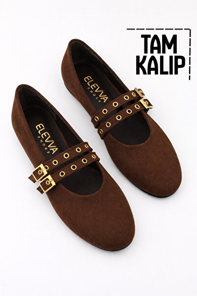 moon glow Acı Kahve Süet Renk Zımbalı Çift Tokalı Kadın Babet | Günlük Rahat Düz Taban Mary Jane Ayakkabı Moda