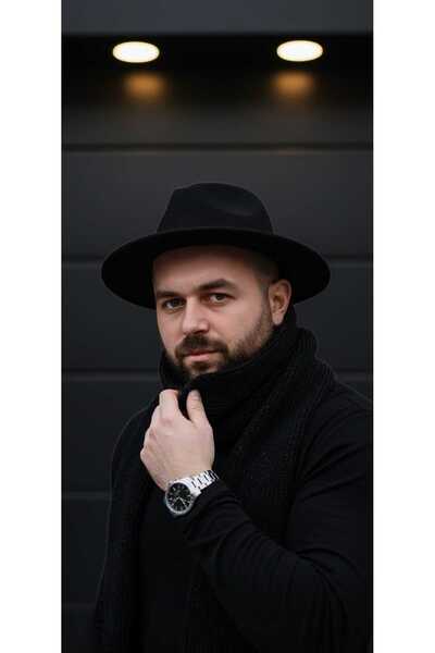 akix Pălărie Fedora cu pâslă neagră, unisex, de calitate, reglabilă pe cap. Pălărie de cowboy dură
