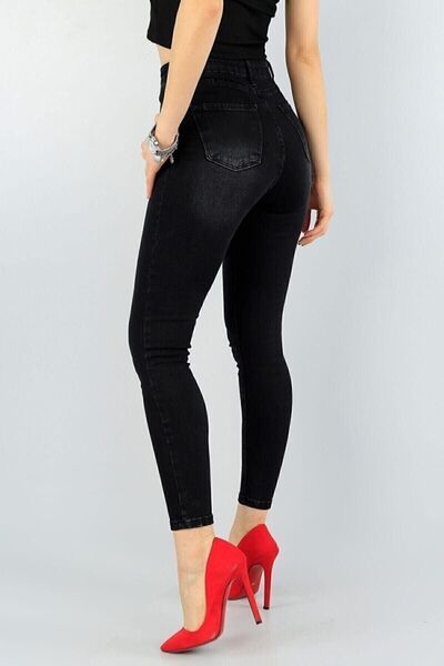 VEGA Kadın Siyah Antrasit Tırnaklı Eskitmeli Yüksel Bel Dar Paça Skinny Likralı Kot Pantalon