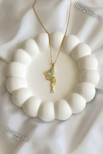 Tilde Blue Stone Butterfly Pendant with Dangle 316L Steel Necklace Gold Color Zircon Stone