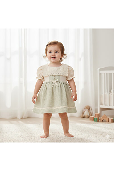 Little Pumpkin KETEN YAKA VINTAGE MÜSLİN BEBEK ELBİSE