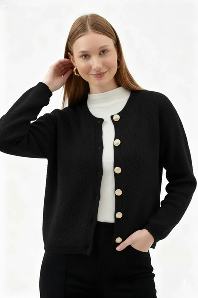 OWERALL Women's Teddy Crew Neck Soft Texture Gold Button Towel Knit Cardigan