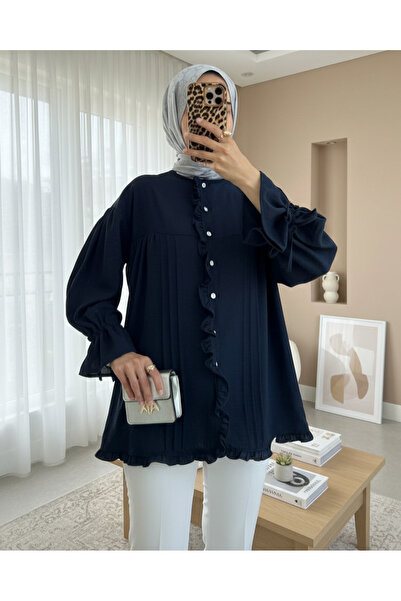 Modamorfo Kolları Bağcıklı Taşlı Düğmeli Keten Gömlek -Laci