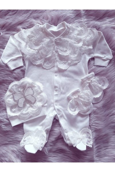Şeker Tadında Tasarımlar 100% Cotton Baby Girl Romper Set with Butterfly Detail, Mevlit Set