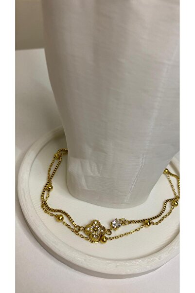 GAMZELİRENKLERİM Single Stone Clover Bulk Double Chain Gold Color Steel Bracelet