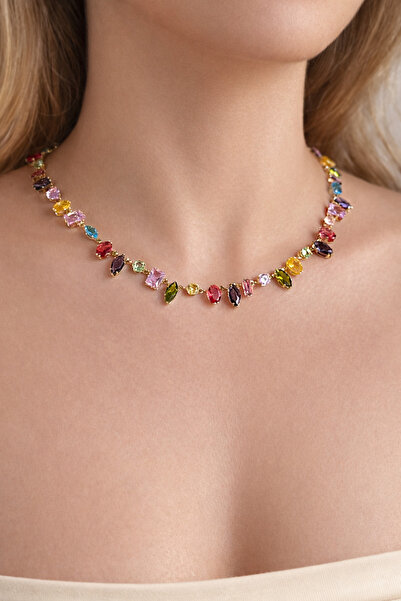 HOUSEKİ قلادة جيما من الكريستال الملون باللون الذهبي