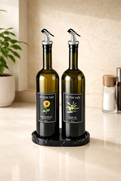 Denizcan Home Mermer Desenli Akrilik Stantlı Amber 2'li 750 ml Zeytinyağı Sıv...