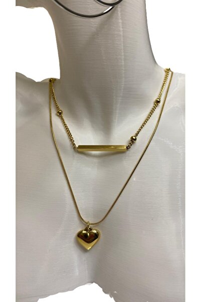 GÜLNAR BİJUTERİ Double Style Necklace with Hearts Indecisive Steel 782