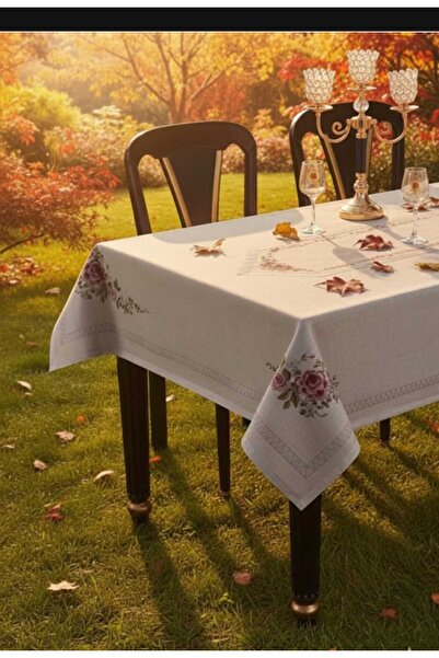 karamanlıhome Beige Color Floral Patterned Tablecloth with Digital Printing, ...