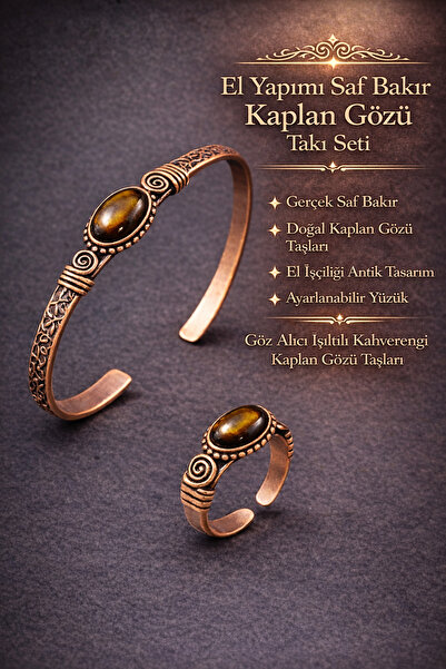 İyyaKee Erkek Kadın Bakır Bileklik Yüzük Set Doğal Kaplan Gözü Taşı Kadın Kel...