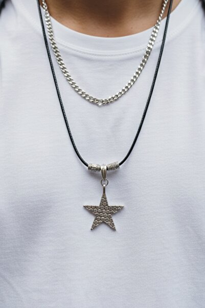 Men's Necklace Star Tipped Silver Plated Chain Jewelry Hip-Hop Accessory