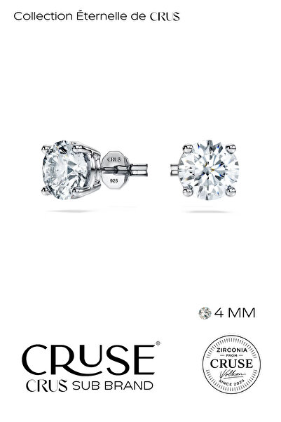 Cruse 925 Ayar Gümüş 4 MM Tektaş Küpe 18 Ayar Beyaz Altın Kaplama