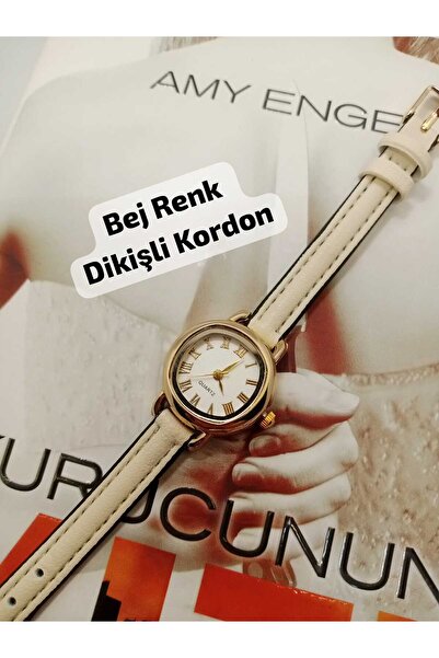 QUARTZ ساعة يد من ماركة ريترو بيضاوية الشكل بلون بيج مخيطة بحبل ذهبي وعلبة من...