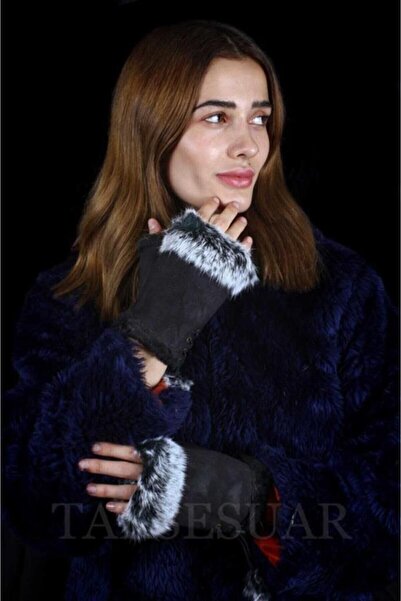 KUMİ Kadın Eldiven Parmaksız Tasarım Kenarları Tüylü Model Ayarlanabilir Beden